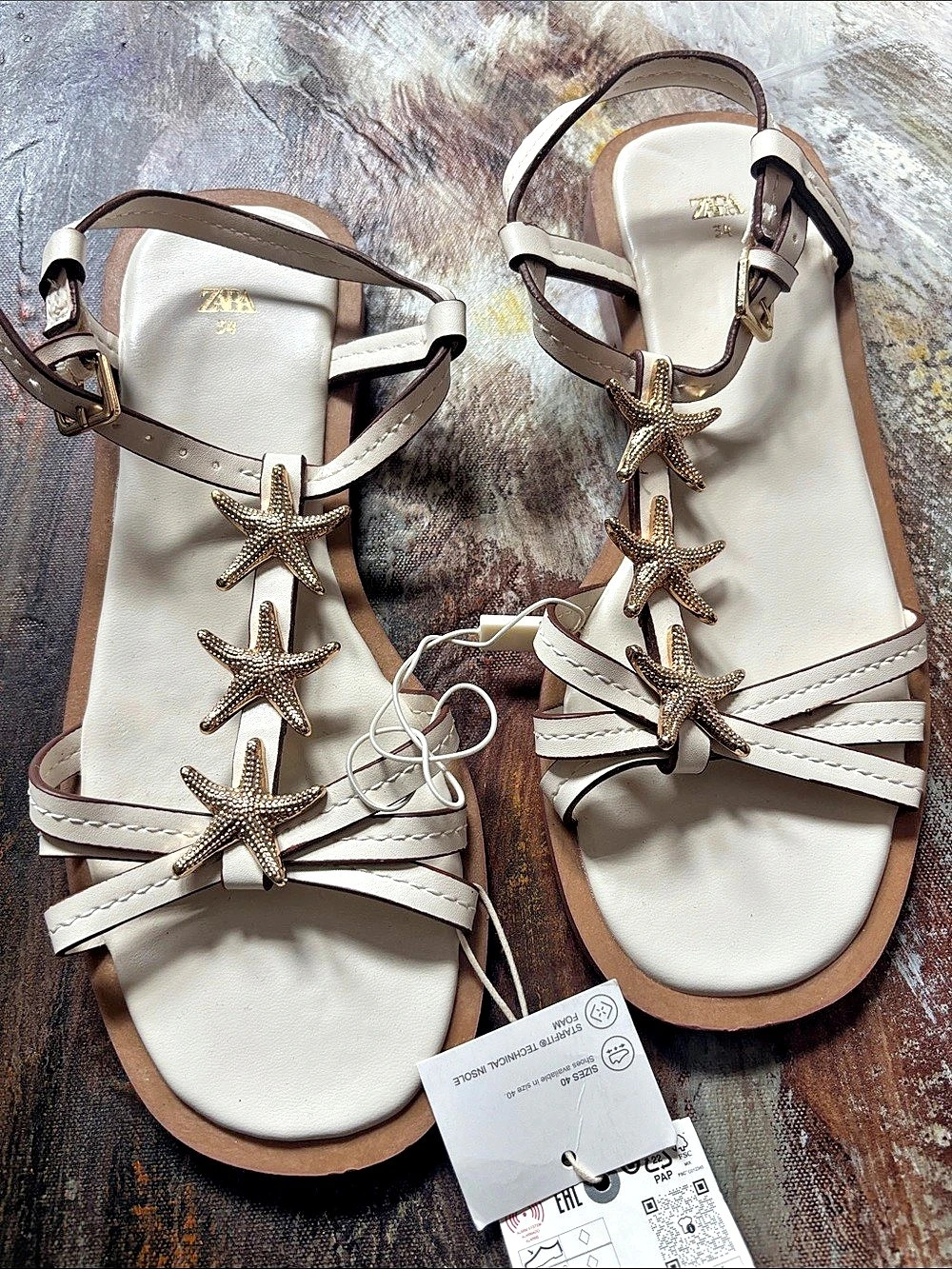 Zara Starfish Embellished Flat Sandals White & Brown EU 34 US 3 1/2
